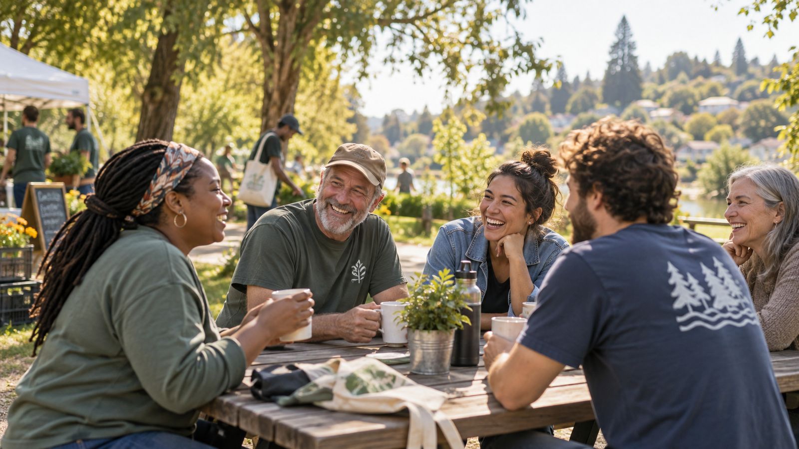Club members laughing together at a picnic table