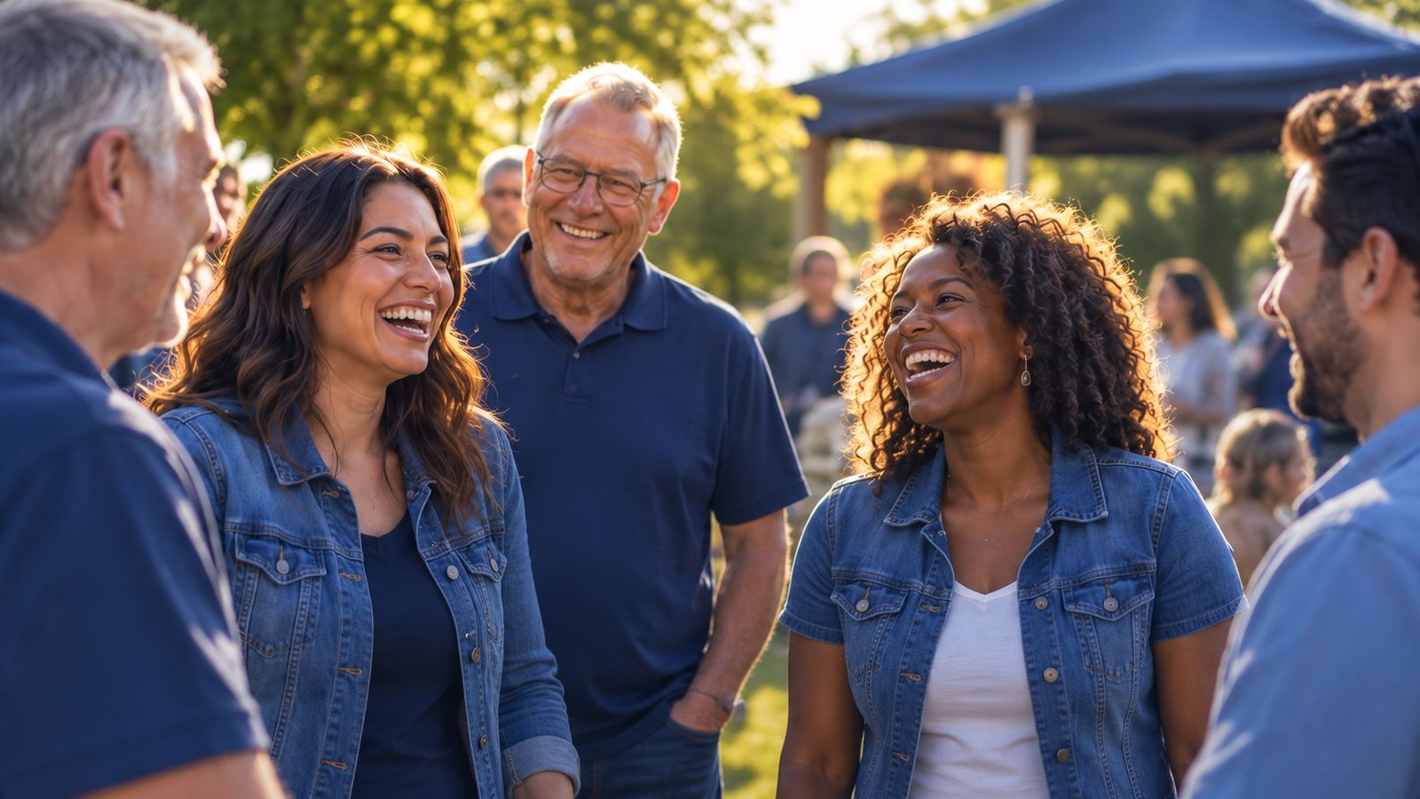 Club members in matching shirts smiling together at a community event