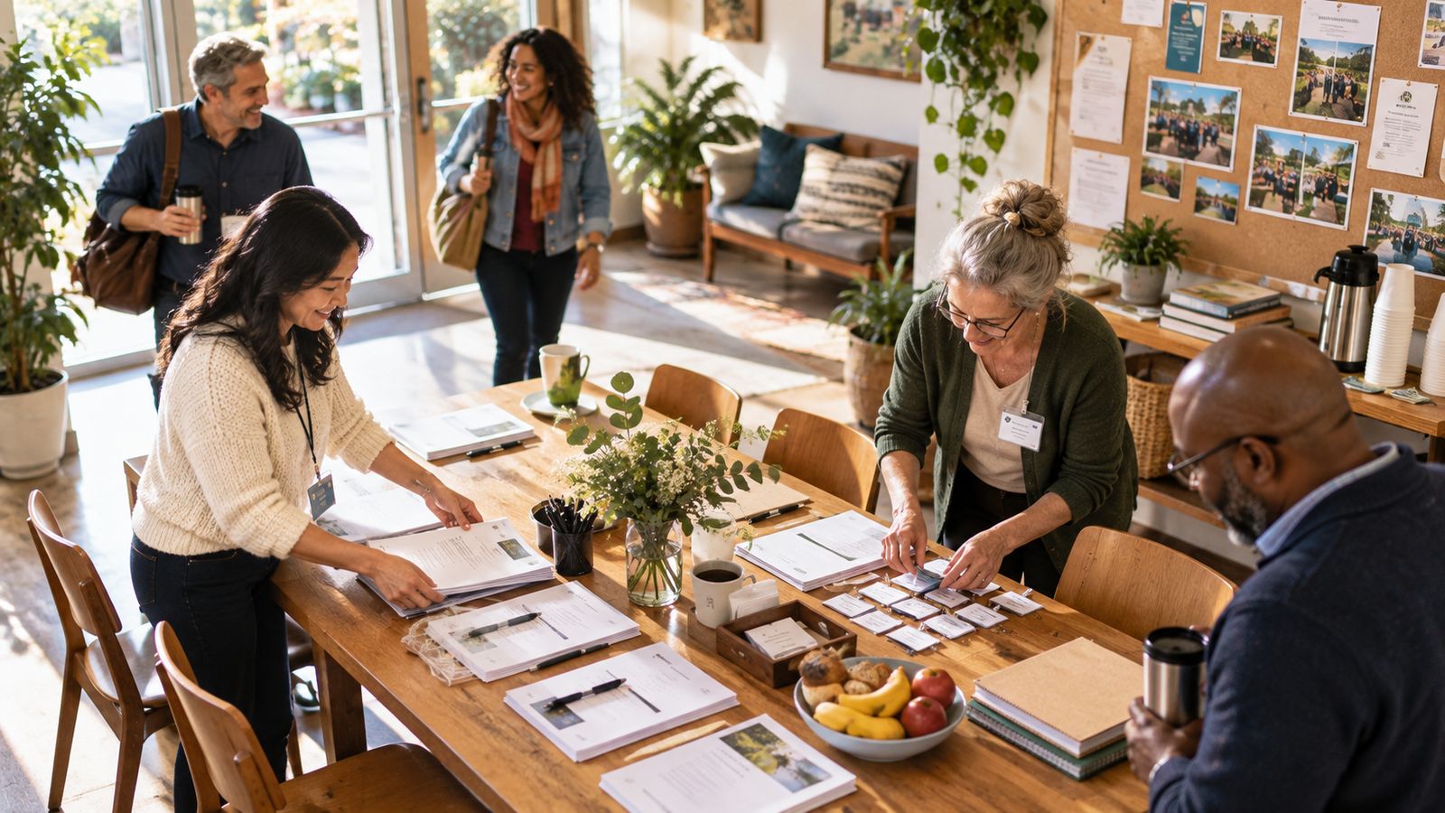 Club members preparing for a meeting