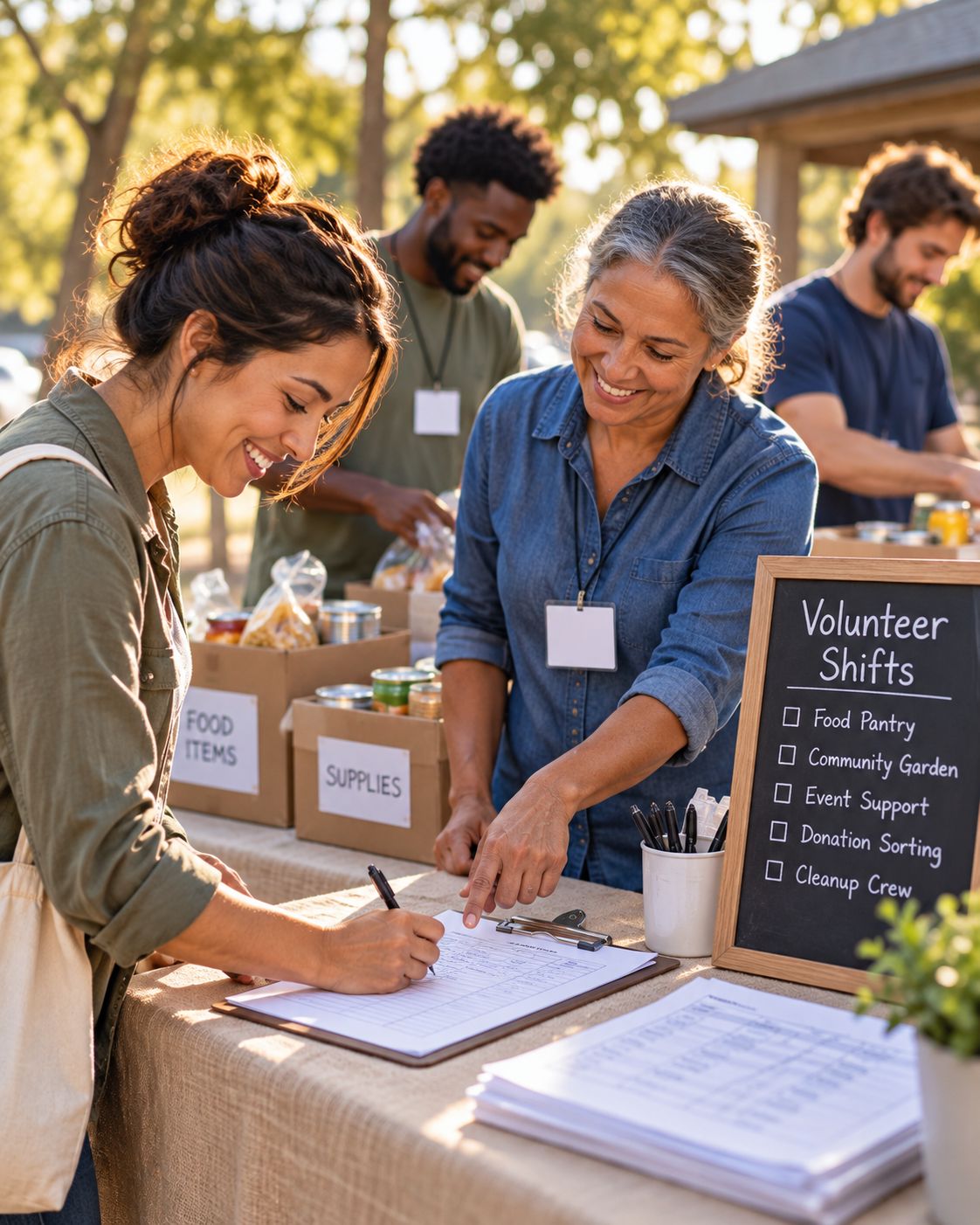 A volunteer signing up for a shift at a community table