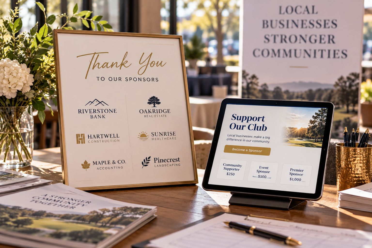 A sponsor thank-you sign beside a tablet showing a club's online giving page