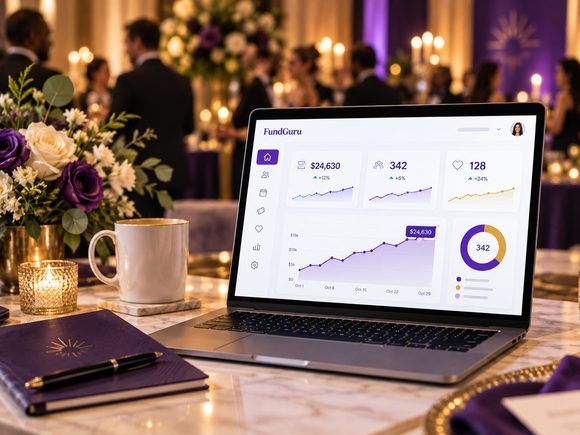 An organizer reviewing a live fundraiser on a laptop during an event