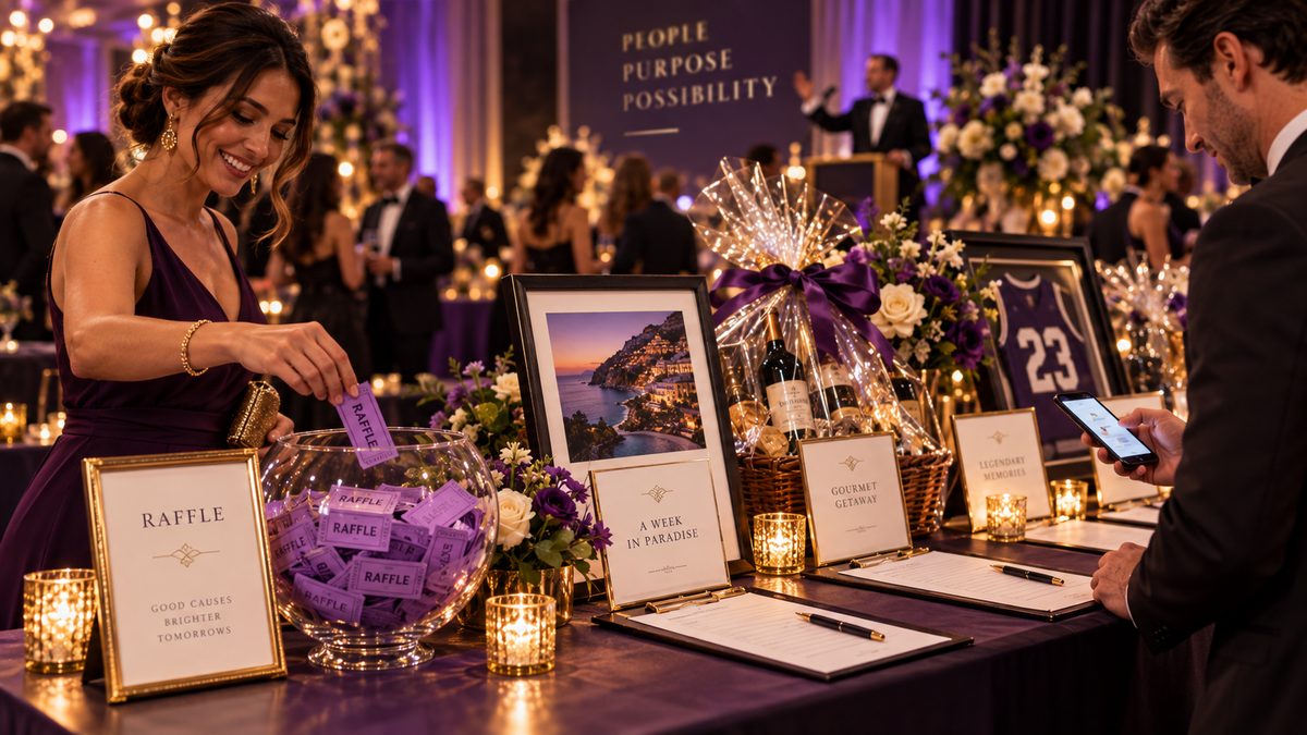 Guests buying raffle tickets and bidding at the prize table